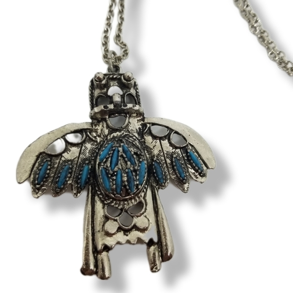 SILVERTONED & FAUX TURQUOISE NATIVE AMERICAN STYLE THUNDERBIRD PENDANT NECKLACE - Picture 4 of 7
